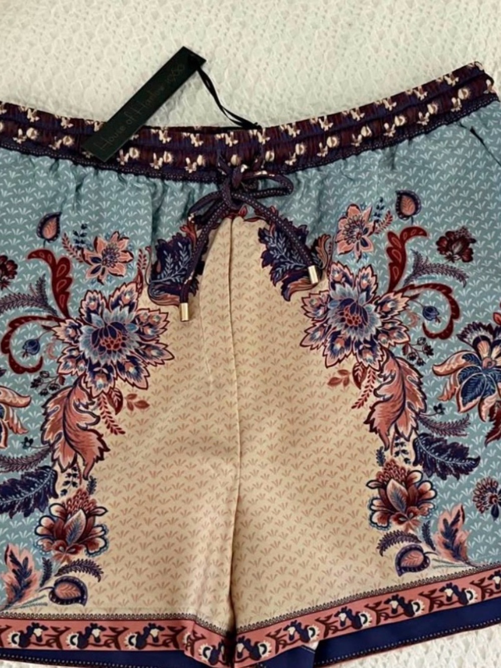 House of Harlow 1960 Floral Drawstring Shorts in Aqua & Beige